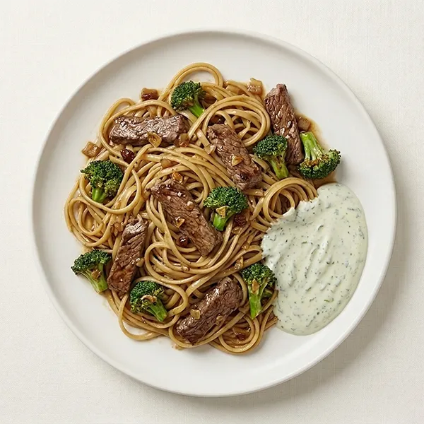 Beef and Broccoli Linguine with Garlic Soy Glaze